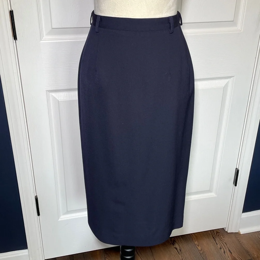 Vintage Austin Reed Worsted Wool Navy Pencil Skirt Lined Straight Office Size 8 - Picture 2 of 8